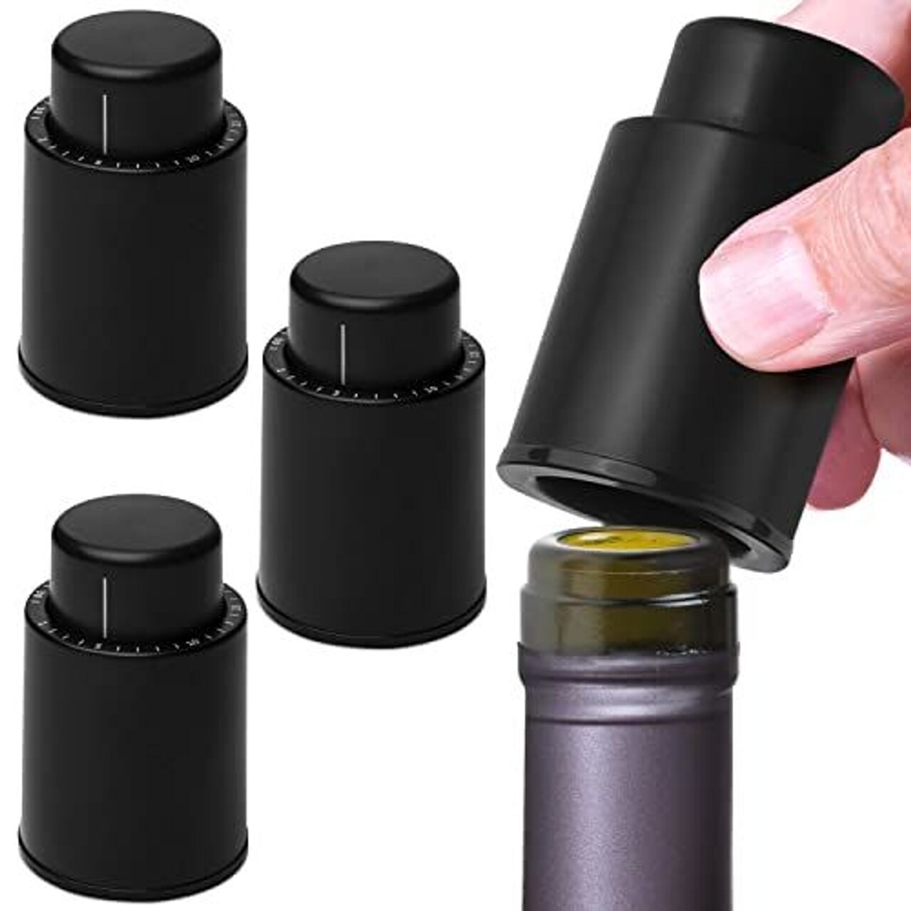 Maplefield Vacuum Wine Stopper - Leak-Proof Bottle Stopper & Preserver - Vacuum Sealer & Wine Pump for Freshness & Flavor - Date Indicator & Bottle Sealer - Black, Pack of 4